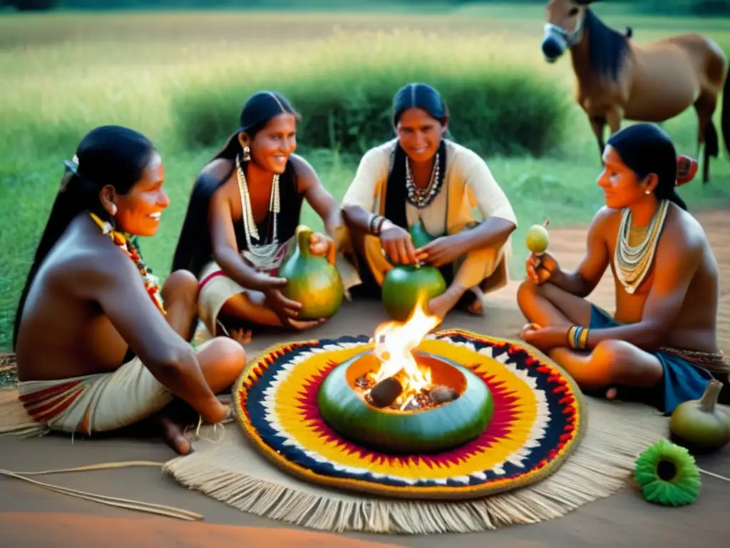 Preparar mate con azúcar morena en una escena nostálgica y serena de la tribu Guarani alrededor de un fuego ceremonial