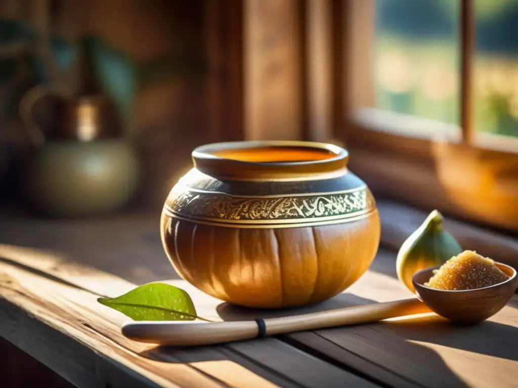 Preparar mate con azúcar morena en una imagen vintage de una mate gourd con yerba mate y una cucharada de azúcar