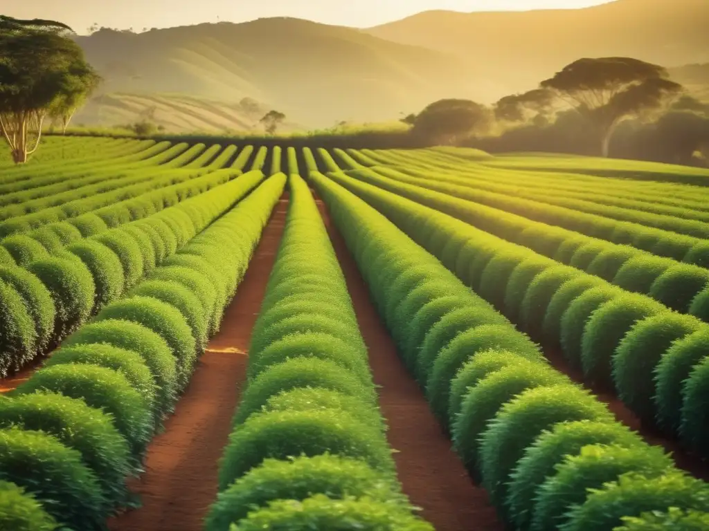 Plantación de yerba mate con biofertilizantes: imagen vintage de una próspera plantación de yerba mate bañada por la cálida luz del sol