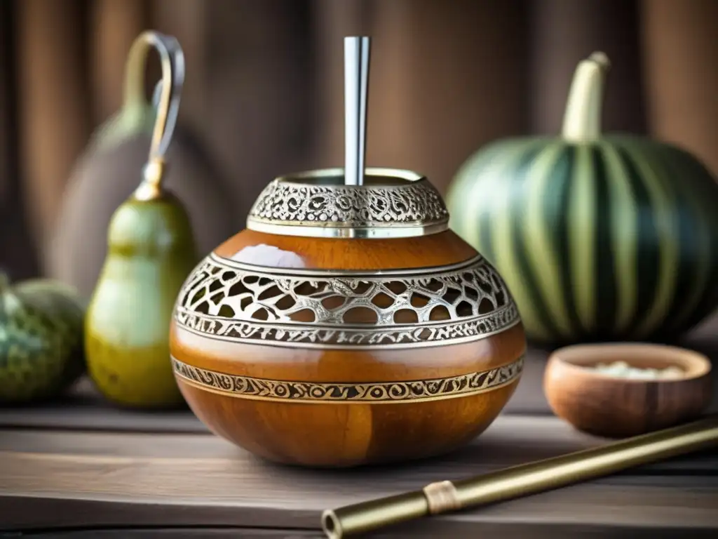 Mate gourd and bombilla set with intricate patterns, surrounded by vibrant yerba mate leaves