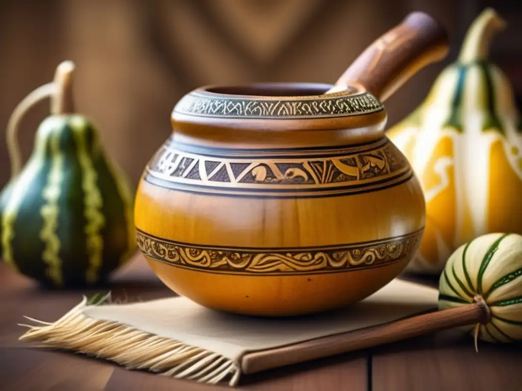 Tradición del mate en Brasil: Gourd y bombilla adornados con escenas folclóricas, chimarrão humeante, mesa rústica y elementos tradicionales