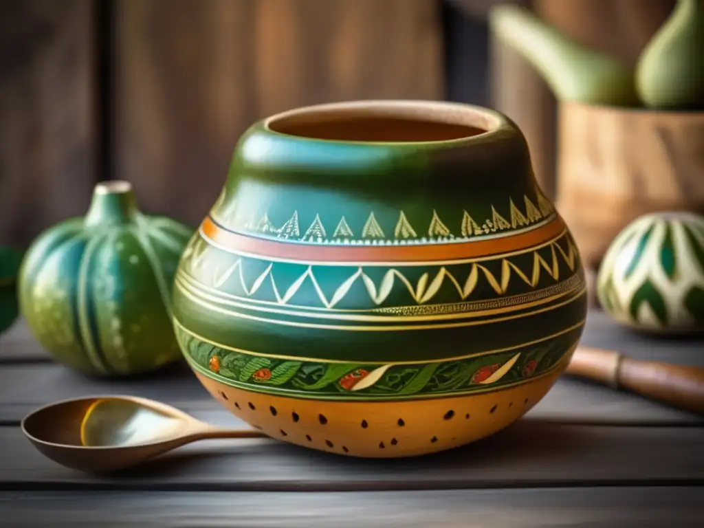 Mate gourd and bombilla set, detalle ultradetallado, 8k, reposando en una mesa rustica de madera