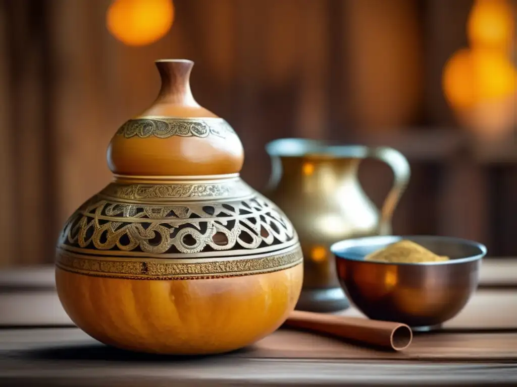 Mate gourd y bombilla con detalles y diseños, en mesa rústica