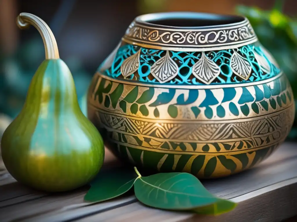 Mate gourd y bombilla de estilo vintage con detalles intrincados y aspecto envejecido, evocando historia y tradición