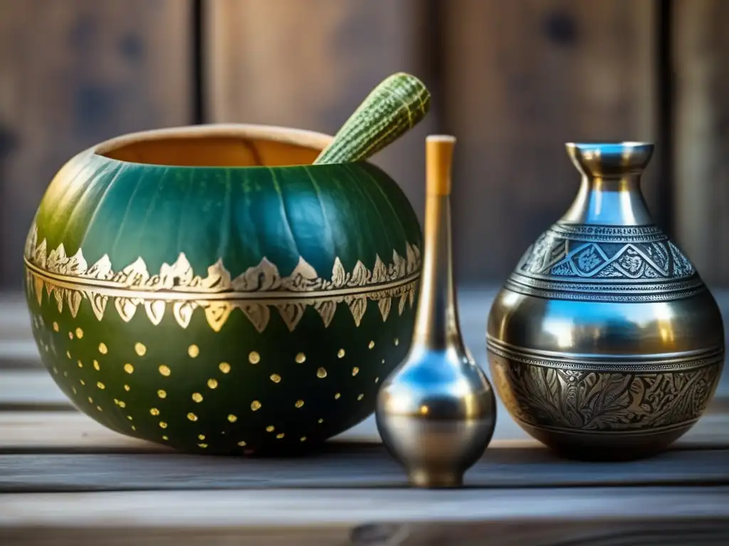 Mate gourd and bombilla set with intricate carvings, surrounded by dried yerba mate leaves and bathed in warm sunlight