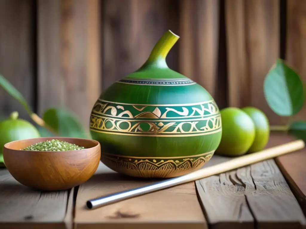 Mate gourd y bombilla de madera vintage con patrones indígenas, yerba mate y beneficios saludables
