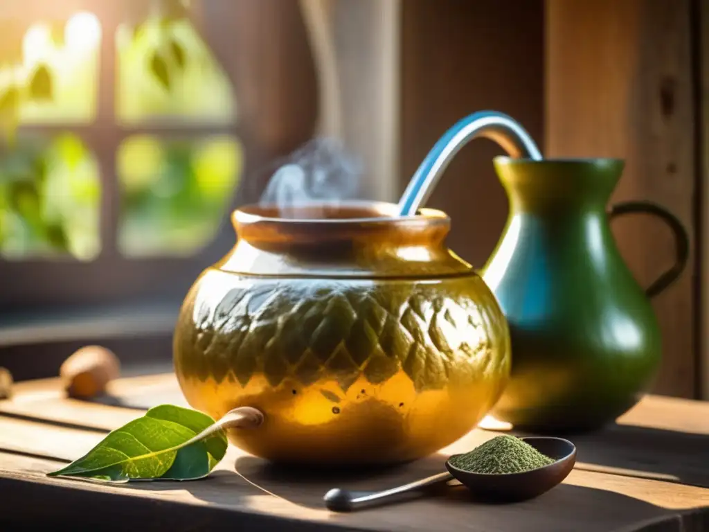 Mate gourd y bombilla en mesa de madera rústica con yerba mate y paisaje sudamericano