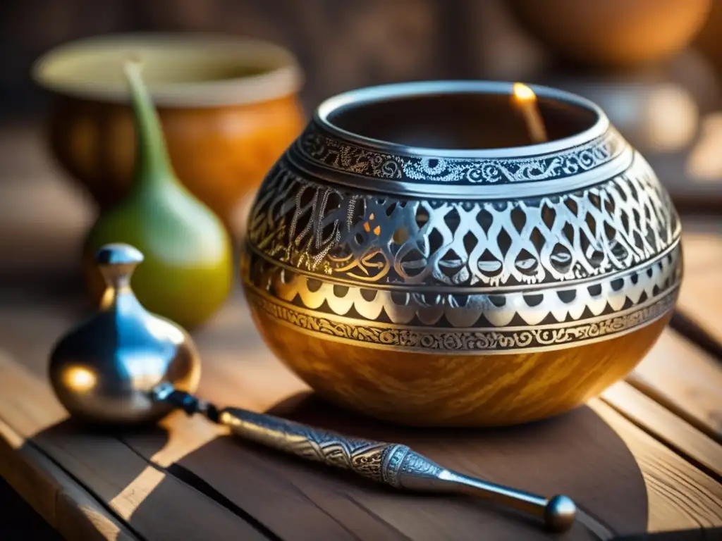 Mate gourd y bombilla en mesa de madera: tradición y cultura del mate (Diferencias rituales mate Brasil Argentina Uruguay)