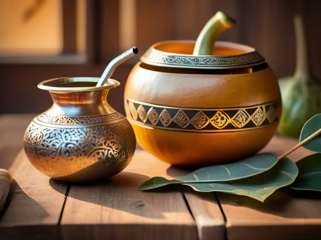 Tradición del mate en la región rioplatense: gourd y bombilla en una mesa de madera rústica rodeados de hojas de yerba mate, con luz cálida