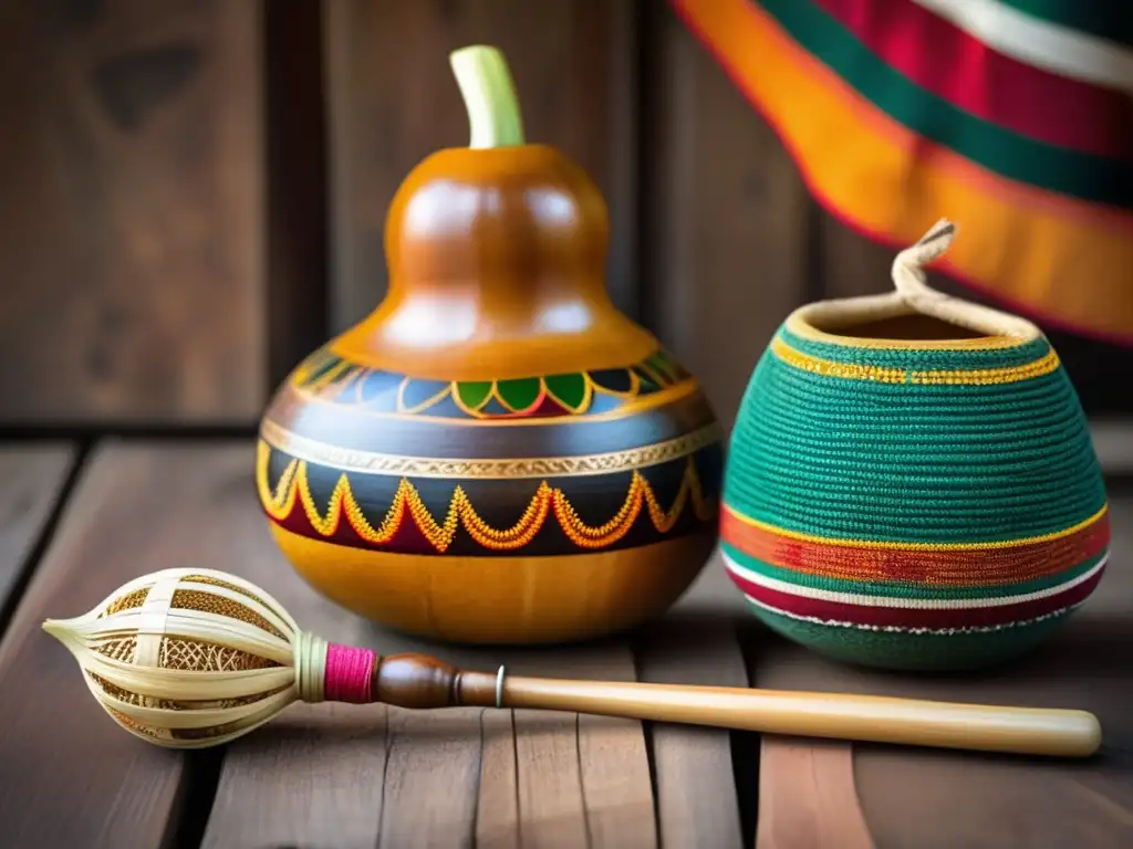 Mate tradicional: Gourd y bombilla en mesa de madera rústica con textiles coloridos