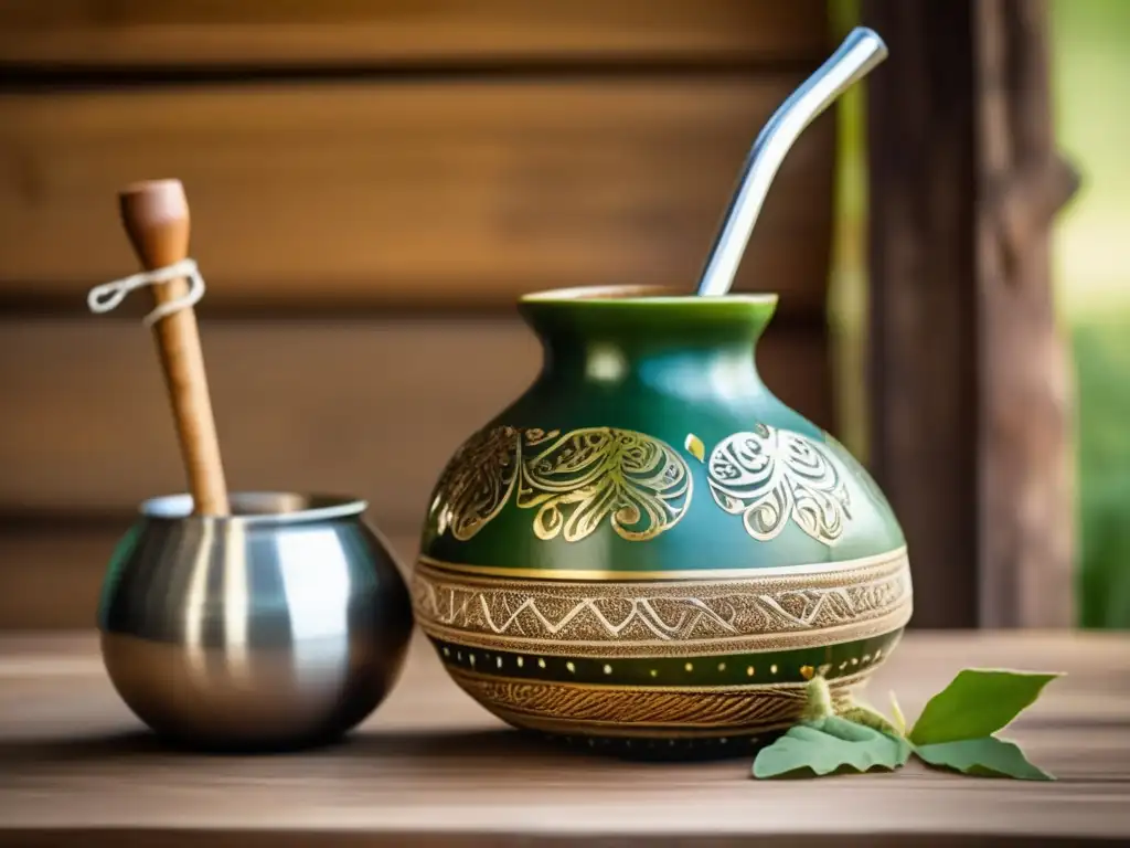 Mate gourd y bombilla vintage en mesa de madera Tradición del mate en la Patagonia: mate gourd y bombilla en mesa de madera rústica, con decoraciones y fotografías antiguas en el fondo