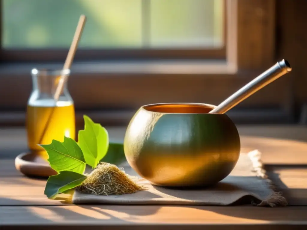 Mate y bombilla en mesa rústica: preparación tradicional de yerba mate