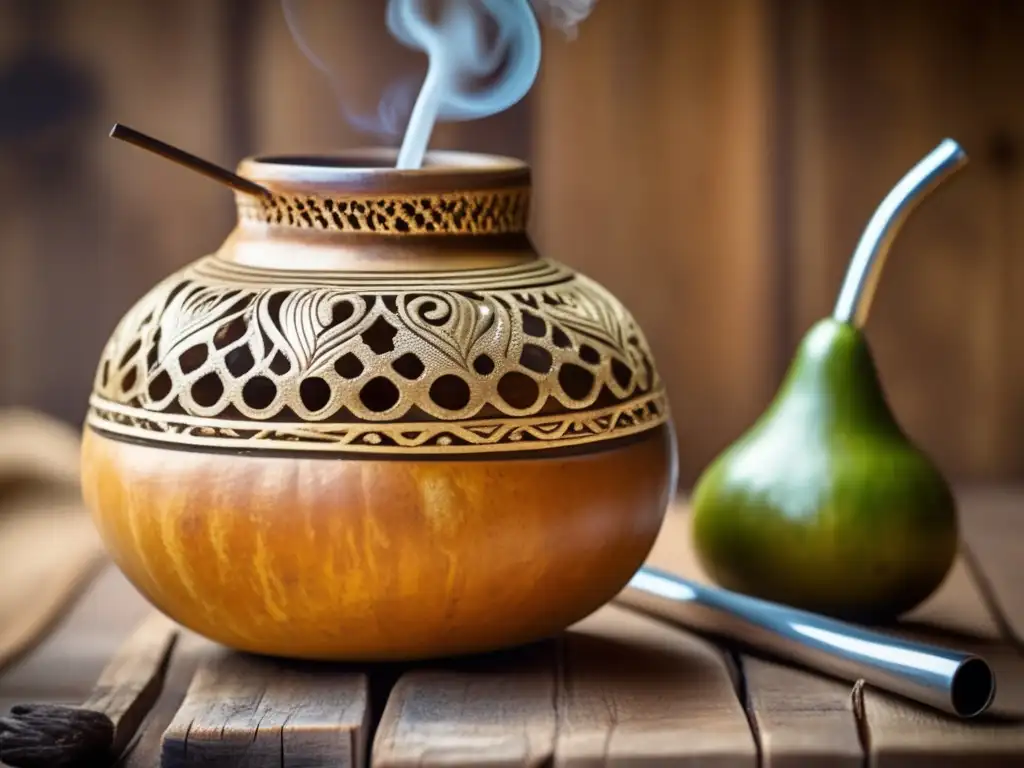 Mate y bombilla en mesa rústica: Tradición, belleza natural y beneficios medicinales del mate en la región rioplatense