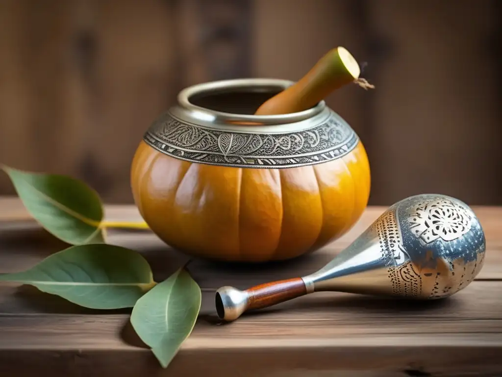 Mate gourd and bombilla set on rustic wooden table - Agricultura colaborativa para mate sostenible