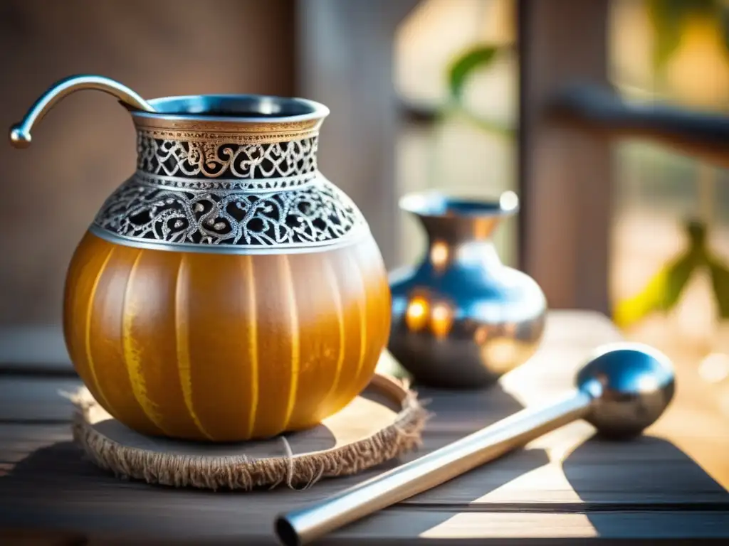 Mate gourd and bombilla set on rustic table - Beneficios de incorporar mate en dieta