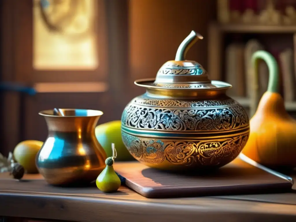 Mate gourd and bombilla set with intricate carvings, surrounded by historical artifacts and books - Orígenes históricos del mate en América