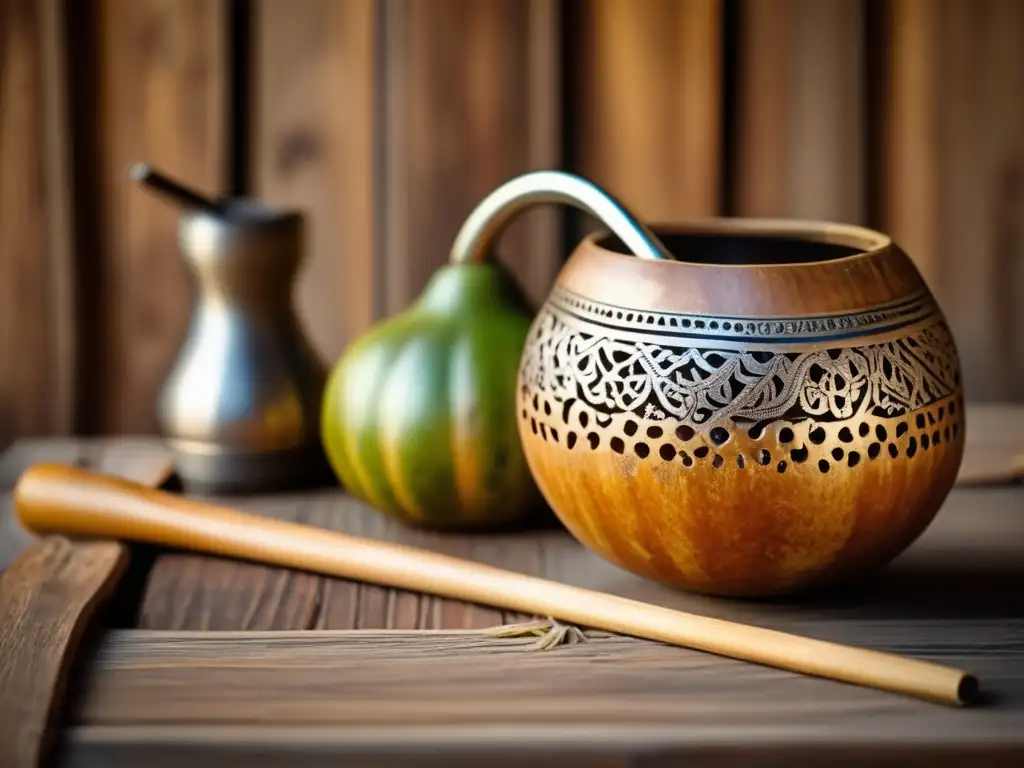 Tradición del mate en la región rioplatense: Mate gourd, bombilla, y paisaje campestre vintage