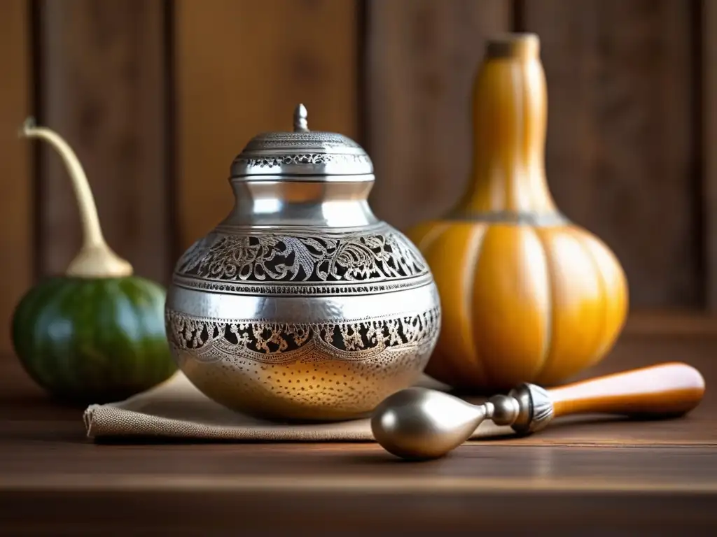 Mate y bombilla con sistemas autolimpieza en una imagen vintage de una mesa de madera antigua