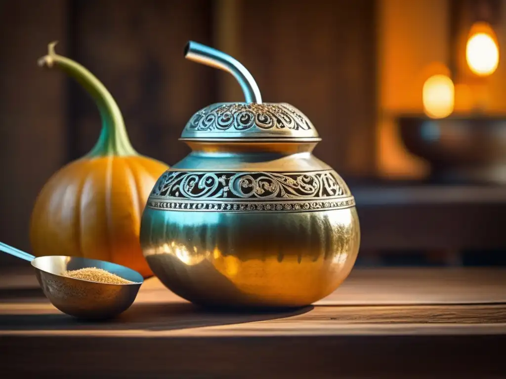 Evolución del mate en la región: gourd y bombilla tallados, mesa rústica, luz natural, libros antiguos, ambiente nostálgico