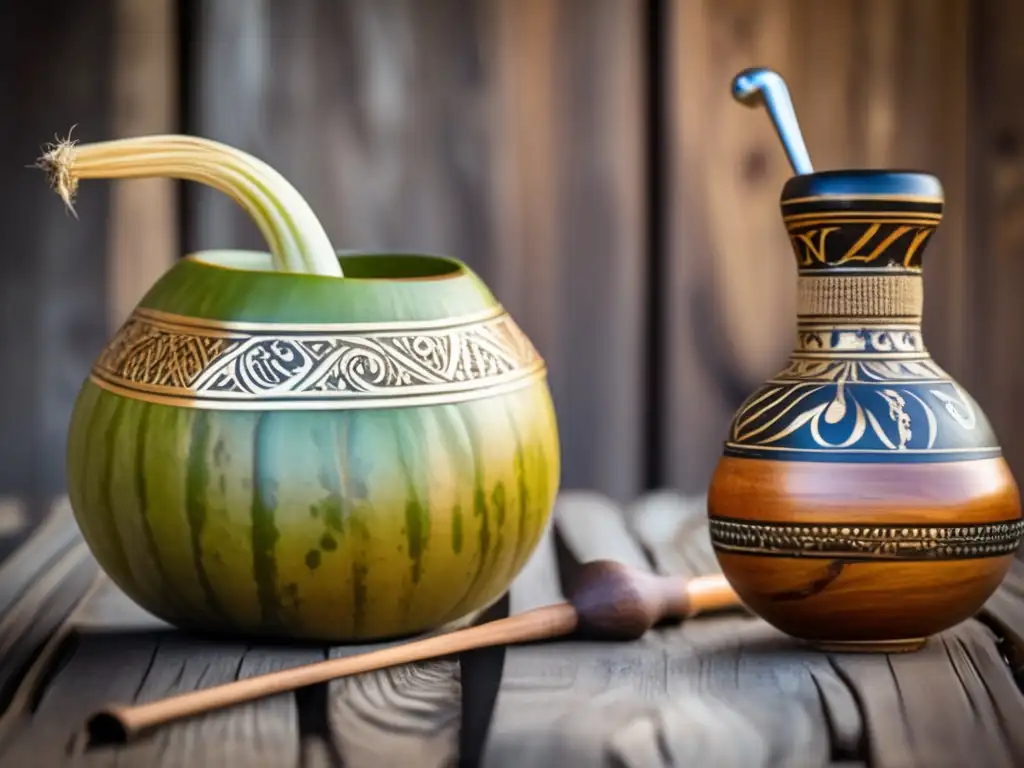 Mate gourd y bombilla tradicionales de Sudamérica con hermosos patrones tallados en madera rústica