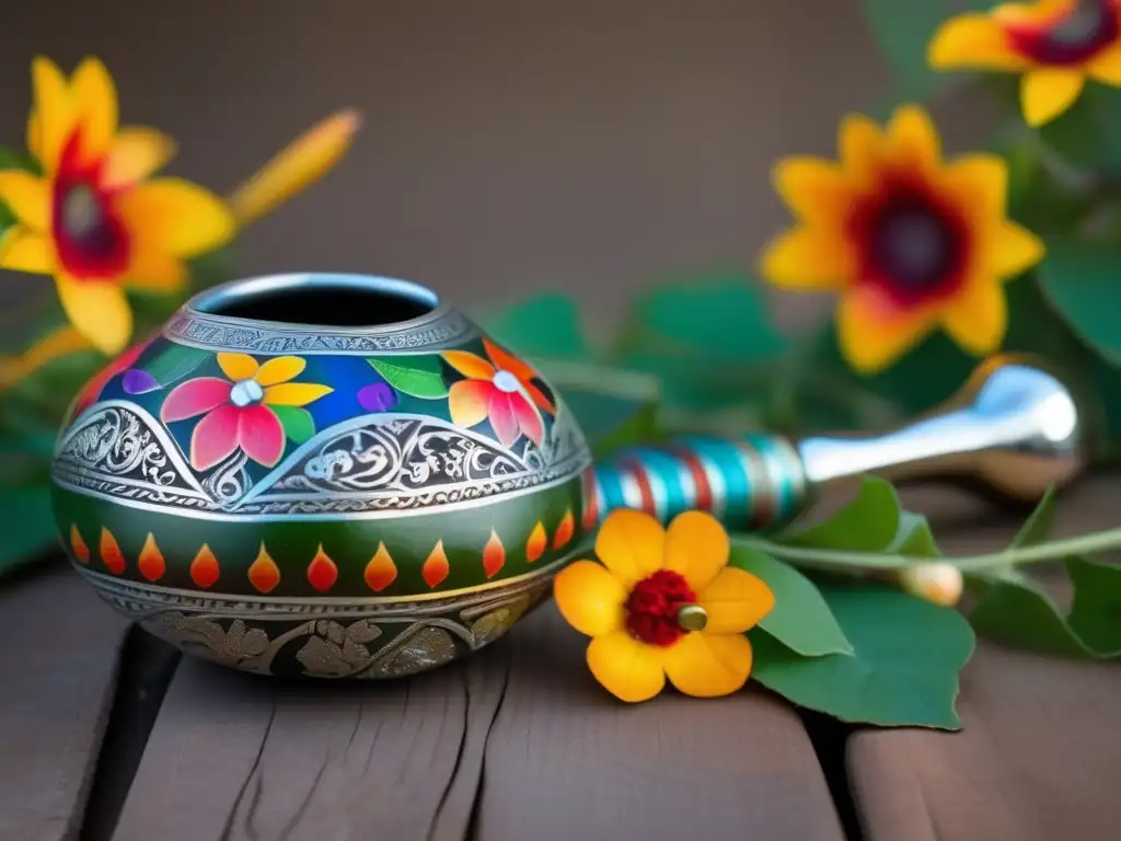 Mate y bombilla tradicionales rodeados de flores y hojas coloridas