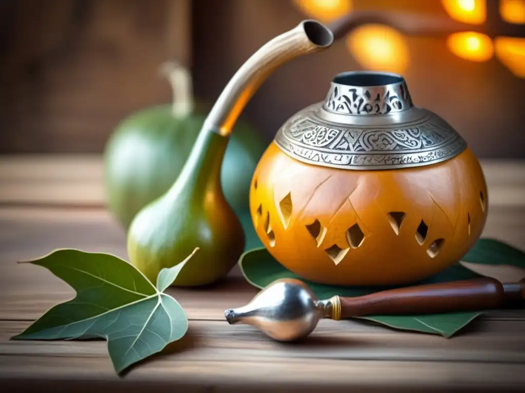 Tradición del mate en la región rioplatense, gourd y bombilla vintage en mesa de madera rústica