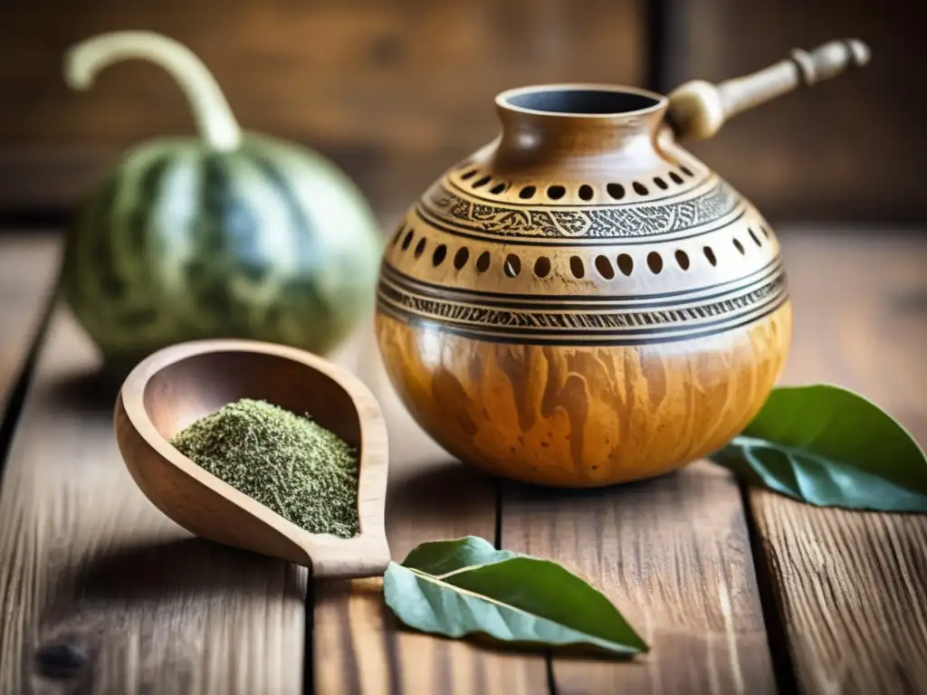 Mate gourd y bombilla vintage con yerba mate en superficie de madera - Beneficios del mate para sistema inmunológico