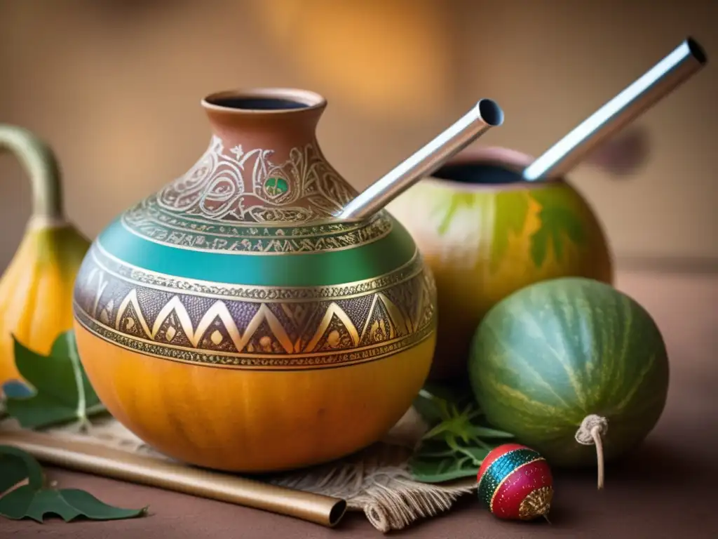 Tradición del mate en la región rioplatense: Mate gourd, yerba mate leaves, bombillas, engravings, rustic table