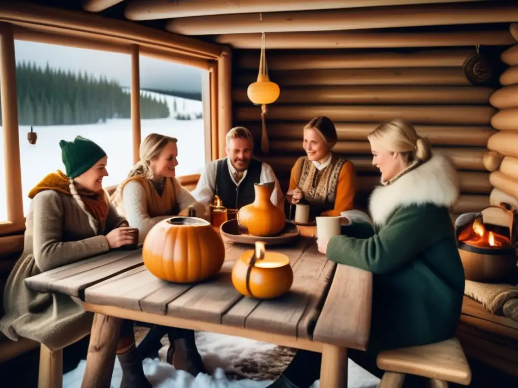 Tradición del mate en Escandinavia: Cabina de madera y paisaje nevado, personas disfrutan del mate y conversan en ambiente acogedor