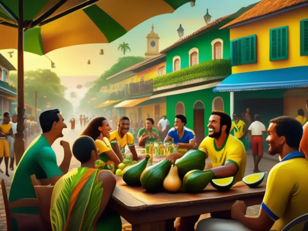 Tradición del mate en Brasil futbol: pintura vintage callejera con fans apasionados y ambiente vibrante