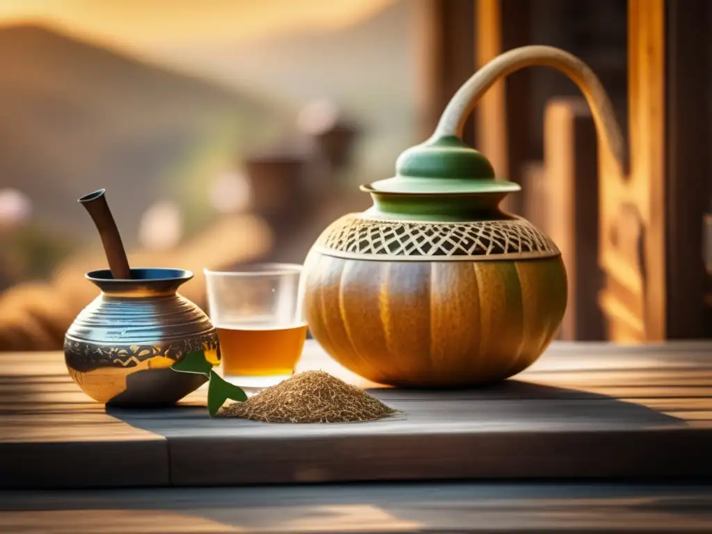 Tradición del mate en Camino de Santiago: Gourd mate y bombilla en mesa de madera rústica