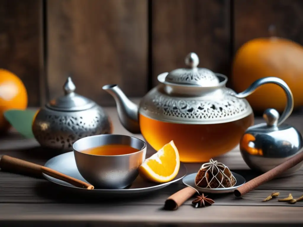 Preparación de mate con canela y clavo en un conjunto de té vintage en una mesa de madera rústica