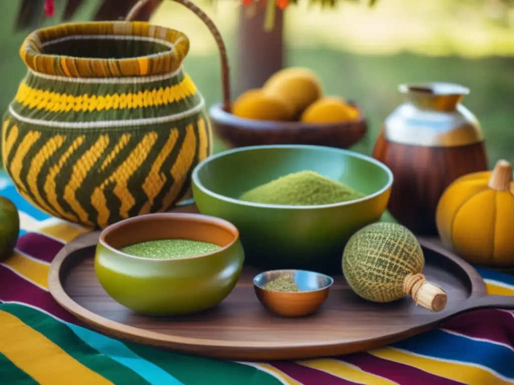 Tradición del mate en Brasil: ceremonia al aire libre con gente vestida de forma tradicional, disfrutando del mate en una mesa de madera colorida