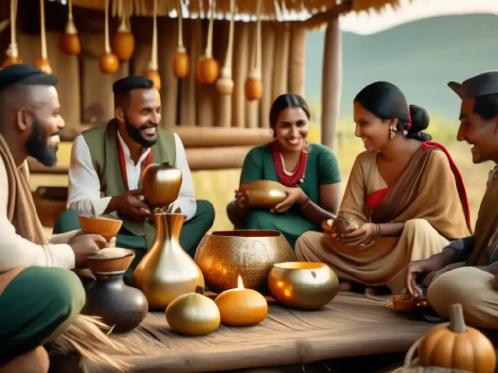 Tradición del mate en la región: imagen 8K de una ceremonia de mate con personas disfrutando en un entorno acogedor rodeado de naturaleza