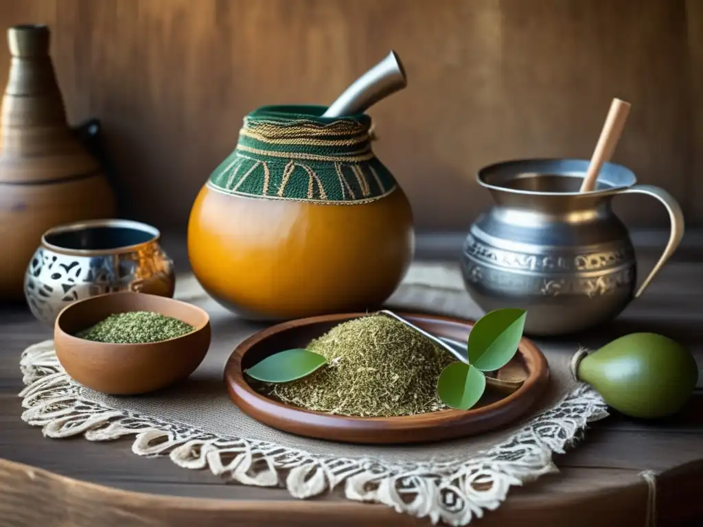 Tradición del mate: Ceremonia rioplatense con mates, bombilla y yerba mate en una mesa rústica con encaje y luz natural