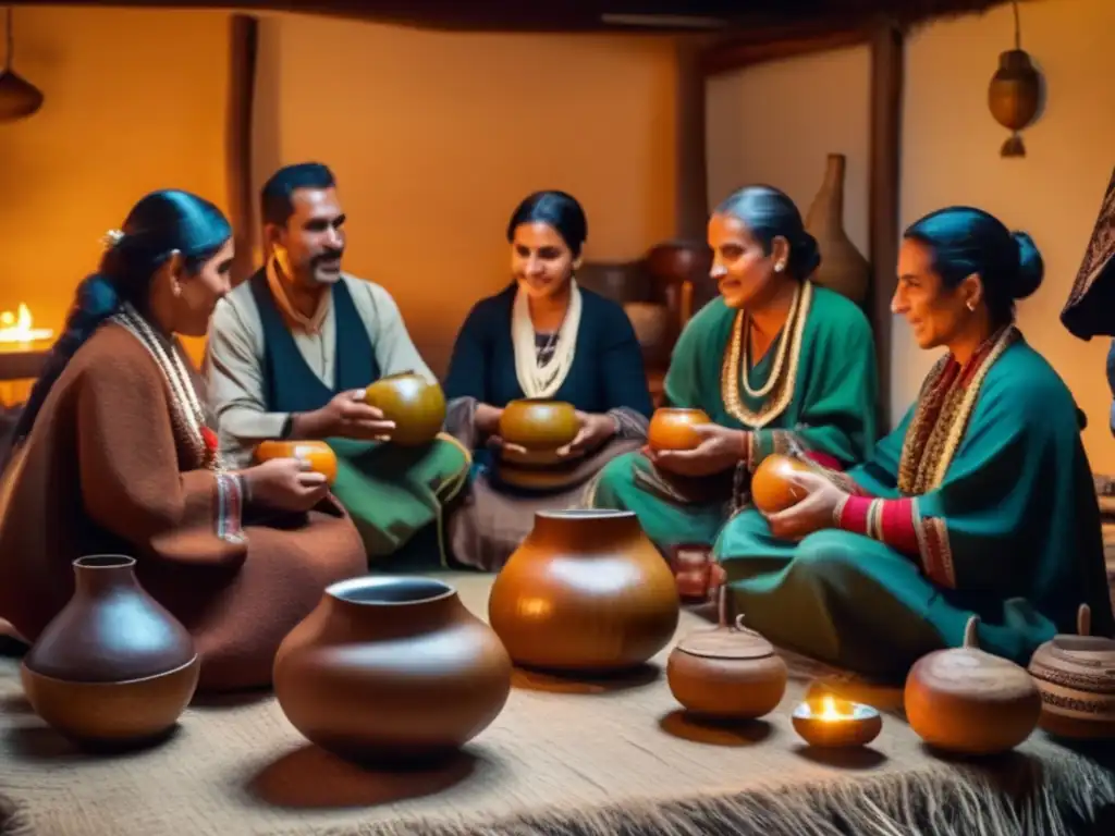 Preservando la tradición del mate en una ceremonia rioplatense, con gente vestida tradicionalmente, conversando alrededor de una mesa con mate y gourd