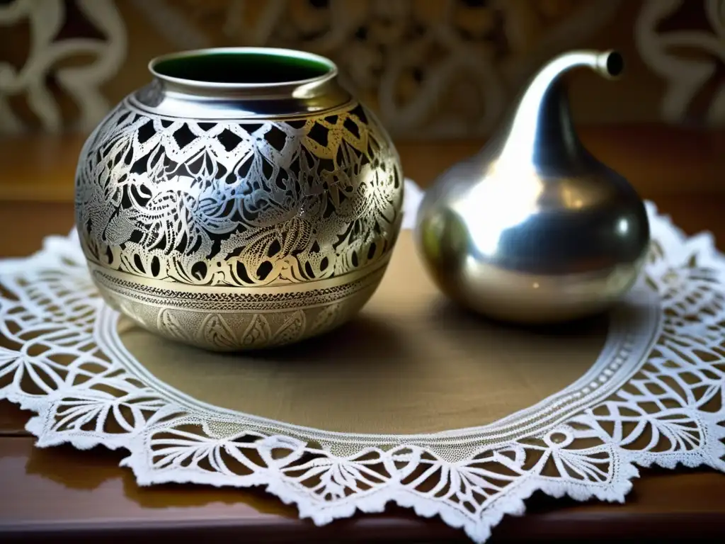 Mate y ceremonias rioplatenses en una imagen vintage de una mate gourd plateada adornada, con hojas de yerba mate y una bombilla de plata