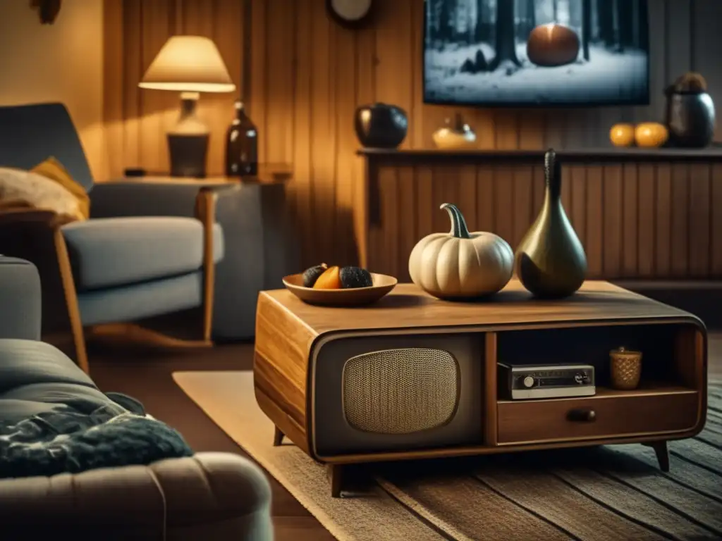 Representación del mate en el cine: amigos viendo una película en una sala de estar vintage con una televisión antigua y mate