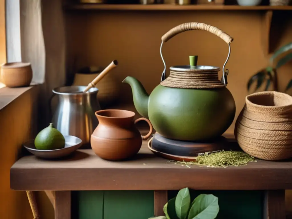 Tradición del mate en Brasil: preparación en cocina rústica con mate gourd, bombilla, yerba mate, cuia, estufa vintage, hierbas y especias