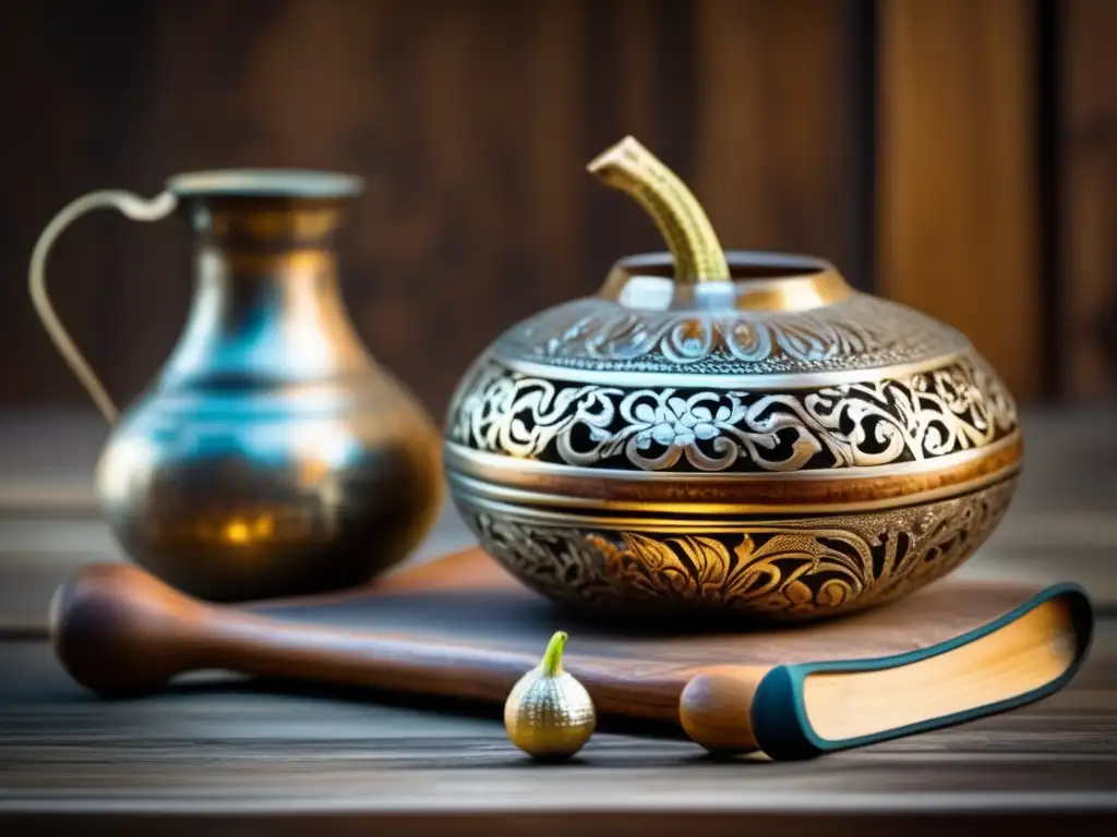 Mate y función cognitiva influencia: Tradicional gourd y bombilla mate en mesa rústica de madera con detalles tallados, patina cálida