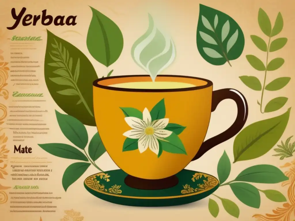 Mate y colesterol: influencia y mitos - Ilustración vintage de una taza de mate rodeada de hojas verdes vibrantes