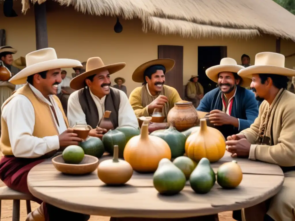 Tradición del mate en la región rioplatense, reunión colonial con gauchos y indígenas alrededor de una mesa con mate y conversación