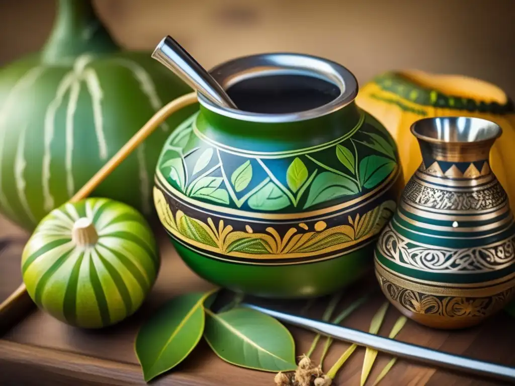 Mate en comunidades inmigrantes Brasil: gourd, bombilla, cuchara, yerba mate, mesa rústica, vintage, cultura, tradición (110 caracteres)