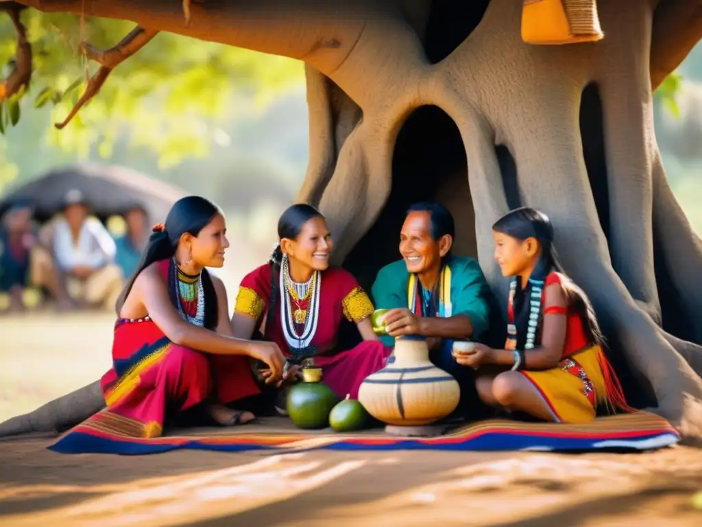 Tradición del mate en la costa: familia guaraní disfrutando de la preparación ancestral del mate