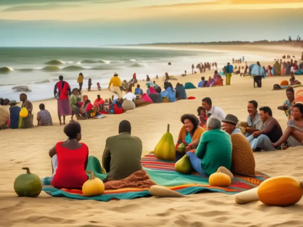 Tradición del mate en la costa: escena vibrante de playa en Río de la Plata con amigos disfrutando del mate y el sol dorado