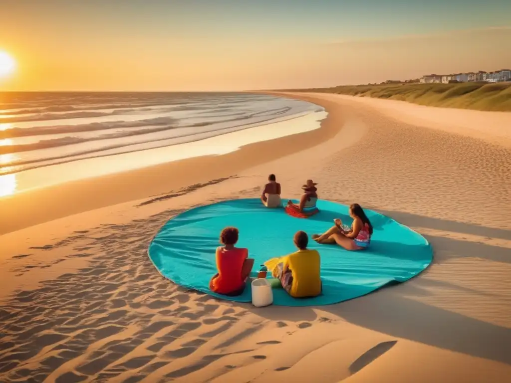 Tradición del mate en la costa: playa serena con personas preparando y compartiendo mate en la Costa del Río de la Plata