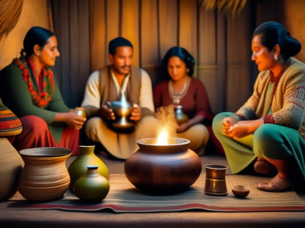 Tradición del mate en la cultura rioplatense: ceremonia vintage con personas alrededor de una mesa rústica, disfrutando del mate y conversando