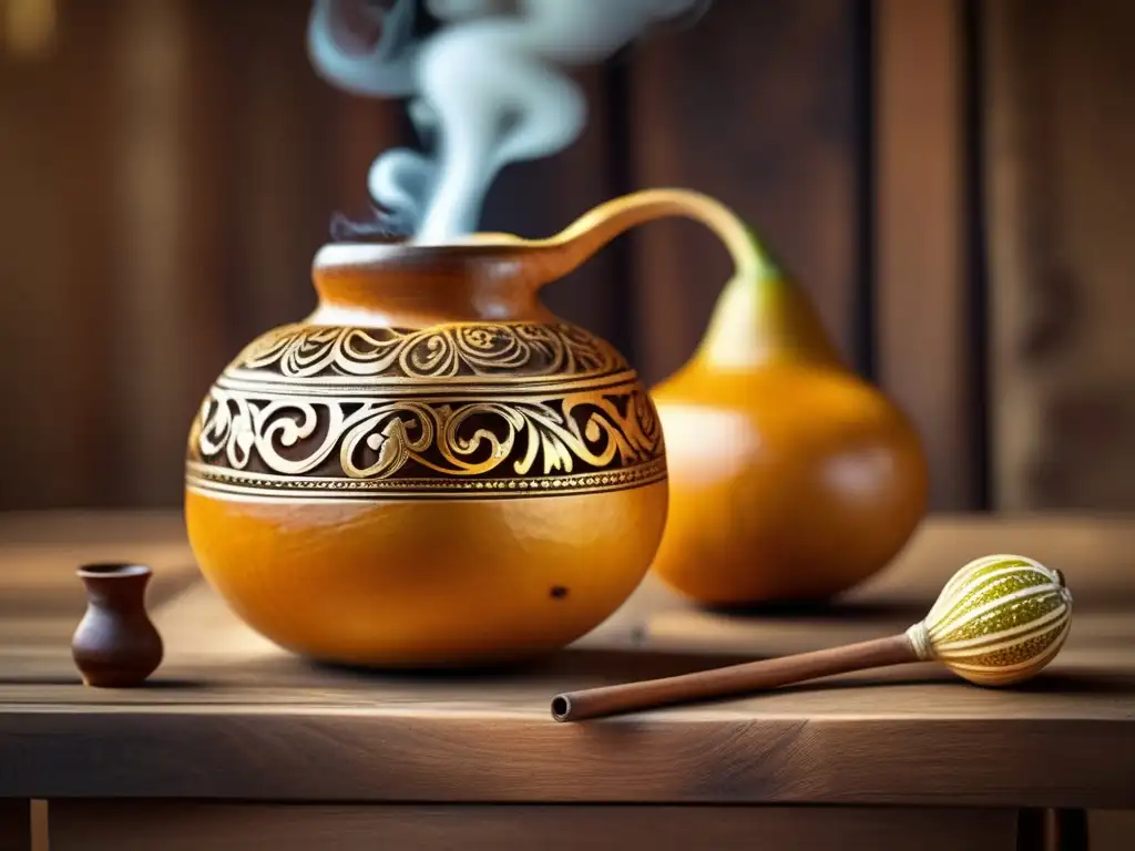 Tradición del mate en la cultura rioplatense: mate, gourd, bombilla, mesa rústica, carvings, steam, golden hue, wooden table, friends, conversation