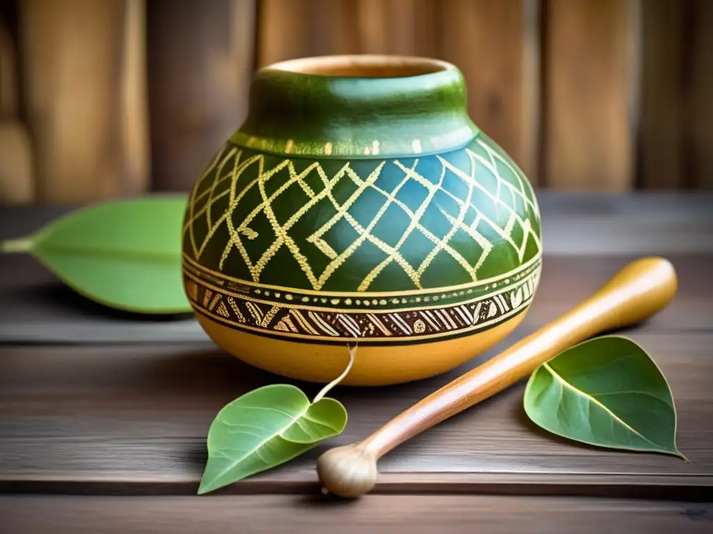 Tradición del mate en la región rioplatense: mate, gourd, table, indigenous patterns, yerba mate, silver bombilla, cultural heritage