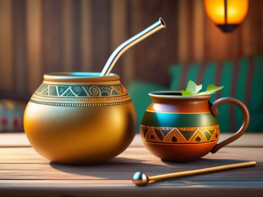 Tradicional mate y bombilla en mesa rústica Mate gourd and bombilla on wooden table with indigenous patterns, representing cultural heritage and composite yerba mate in mixology